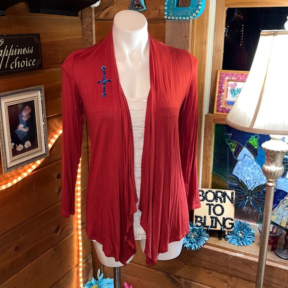 COPPER/RUST open cardigan crystal cross detail 3/4 sleeve tailored back NWT - Picture 1 of 7